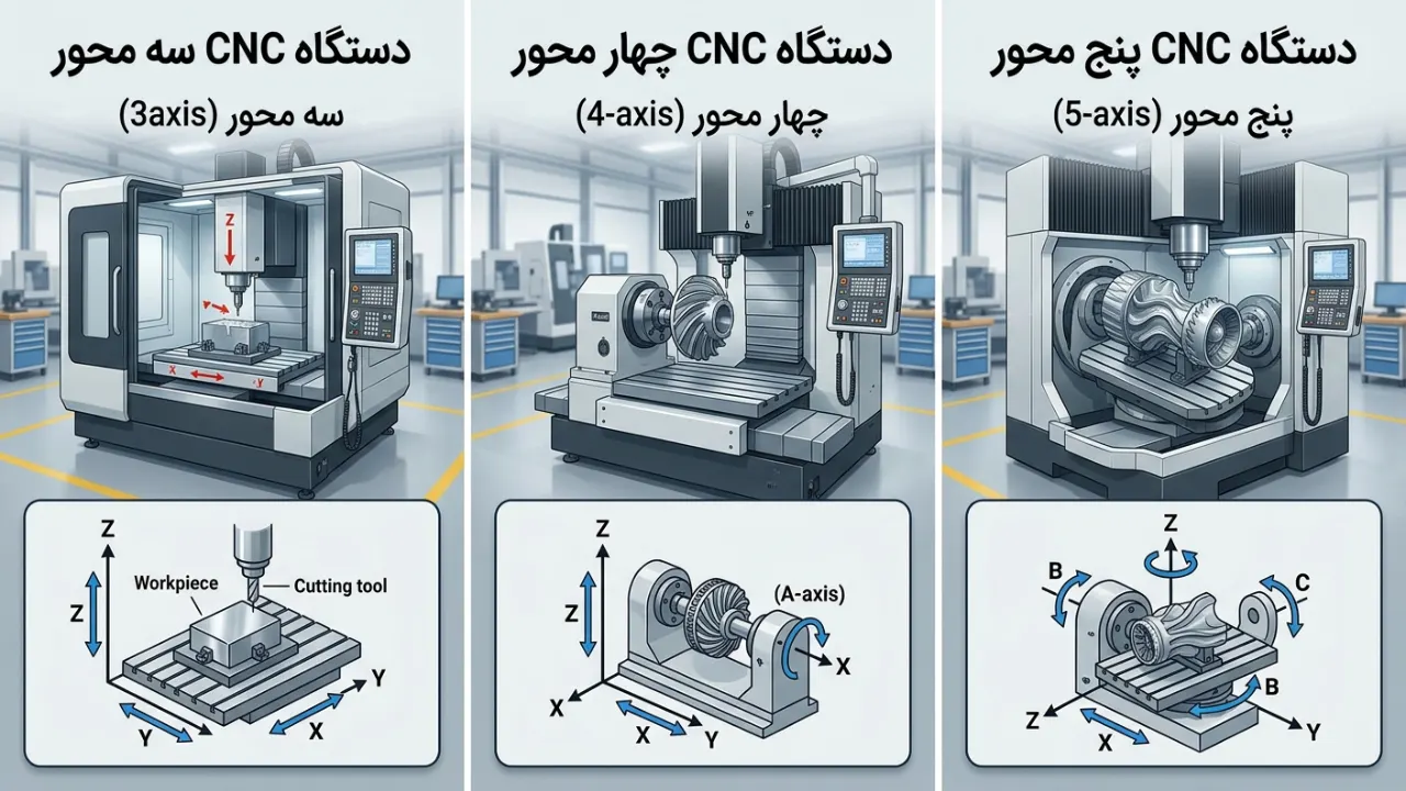 مقایسه دستگاه فرز CNC سه محور، چهار محور و پنج محور